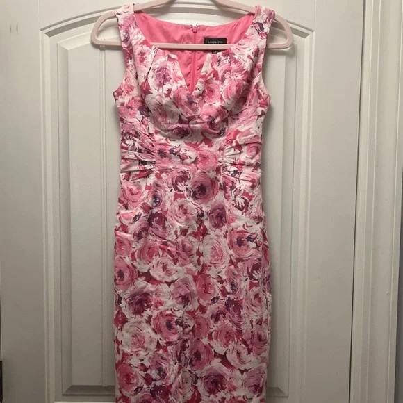 Adrianna Papell ❤️Pink Flowers on White ❤️Midi Dress ❤️Size 8 - Picture 5 of 6